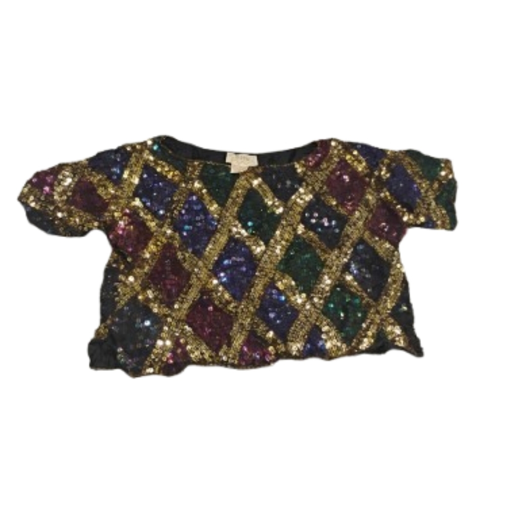 Vintage 1980s SNF Harlequin Patterned Sequined Cropped Top Sz M